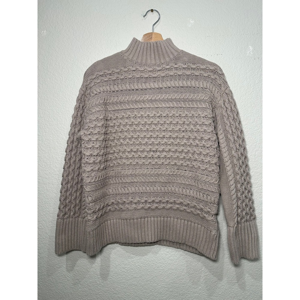 Haven‎ Well Within Organic Cotton Cable Knit Mock Neck Sweater Taupe Beige Small